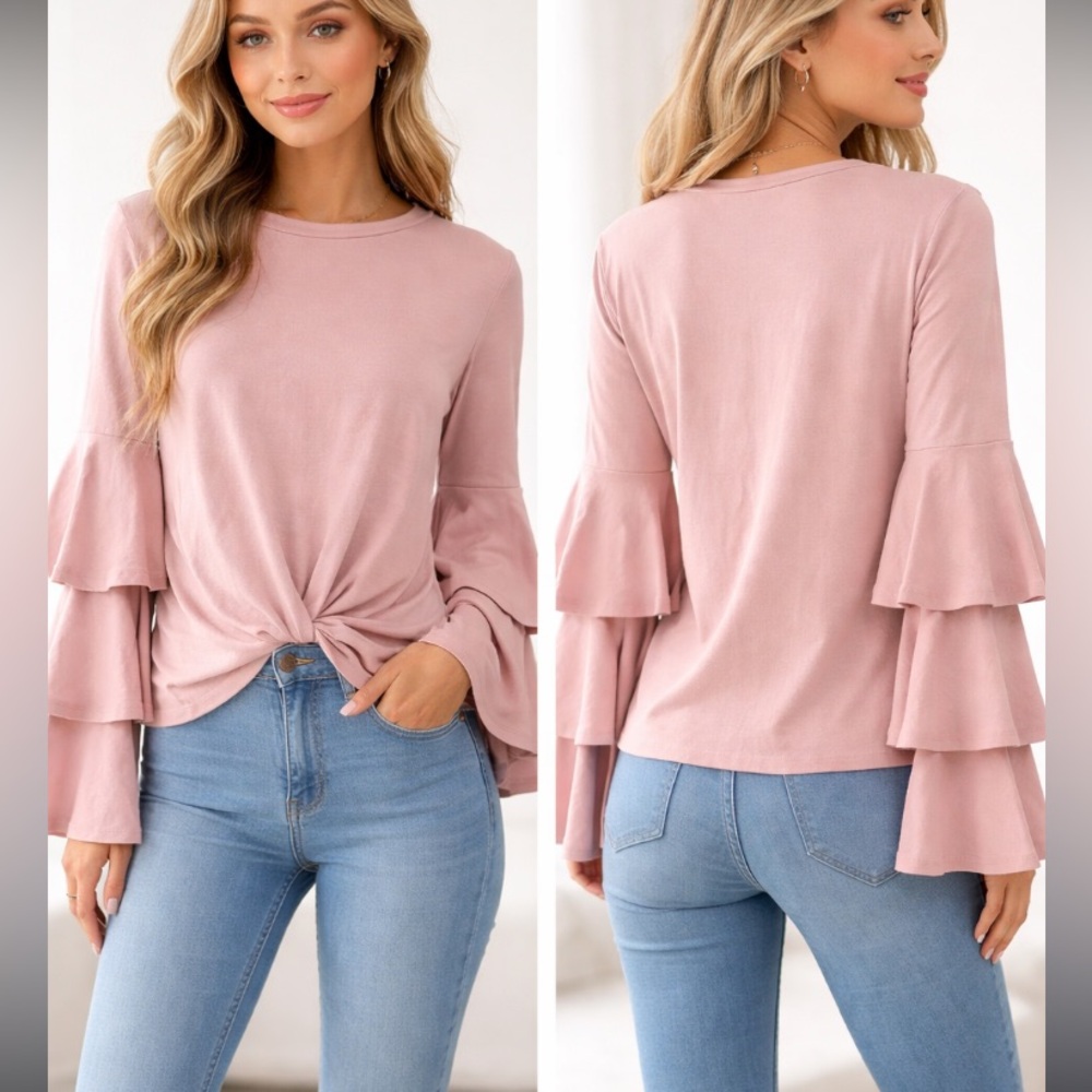🔥 Belle sky blush pink 3 layers of ruffles long sleeve, twist front detailed top